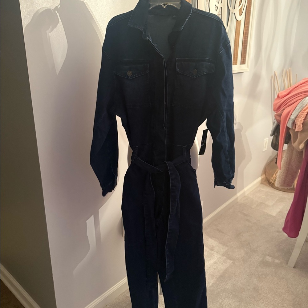 New York & Company Navy Denim Jumpsuit
